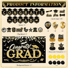 Graduation Decorations 2026 Set Black Gold, Congrats Grad Decor Gold,black