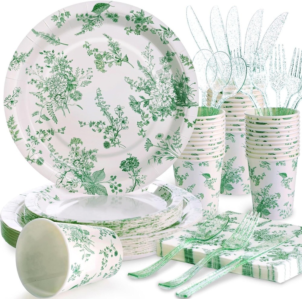 Green Floral Disposable Party Tableware Set (Plates, Cups, Napkins, Utensils)