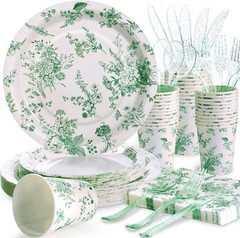 Green Floral Disposable Party Tableware Set (Plates, Cups, Napkins, Utensils)
