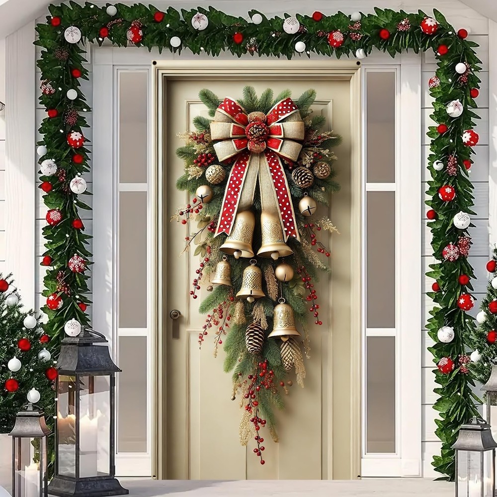 Christmas Door Cover 71×35 Inch with Golden Bells and Red Bow Rustic Winter