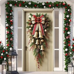 Christmas Door Cover 71×35 Inch with Golden Bells and Red Bow Rustic Winter