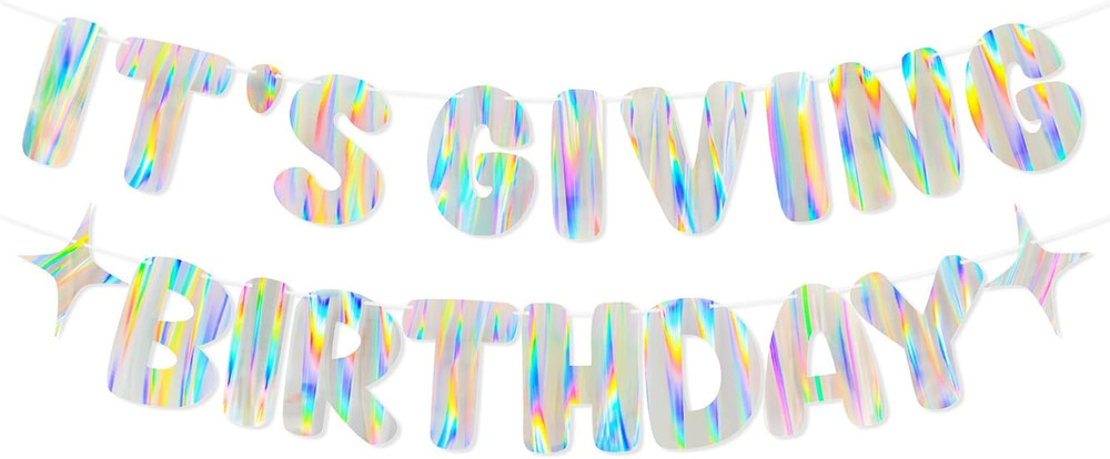 Iridescent It’S Giving Birthday Banner, Pre-Strung Fun Birthday Decorations Supp