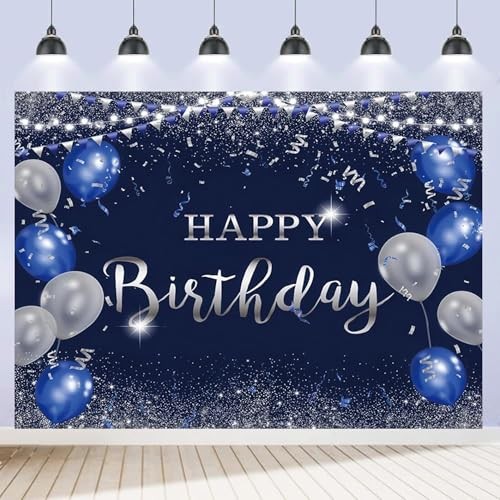 Happy Birthday Backdrop for Men Boys Navy Blue and Silver 7x5ft Birthday-2