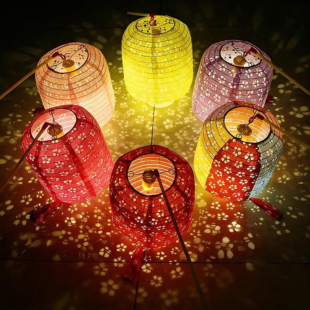 5PCS Colorful Paper Lanterns 6inches Oval Shaped with LED Lights Hollow Out Hang