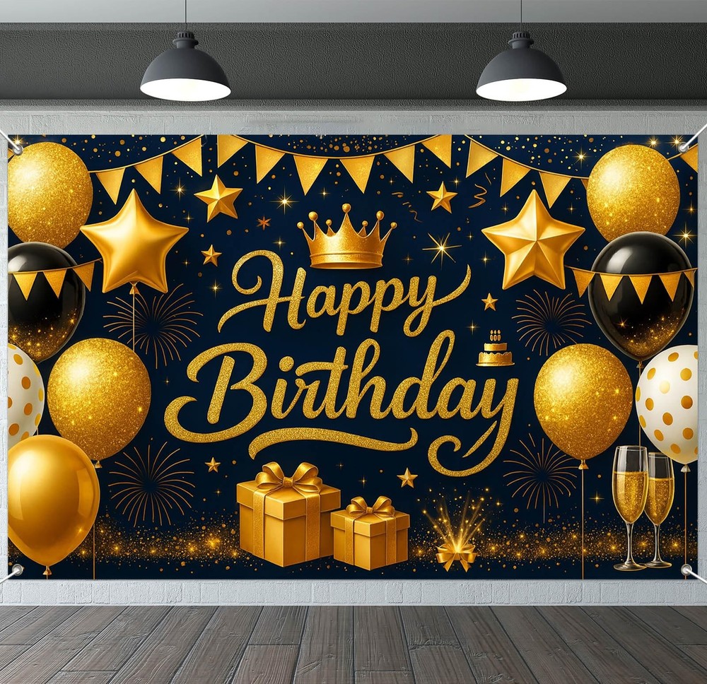 Birthday Decoration Banner 71×43 Inch Black and Gold Happy Birthday Backdrop …