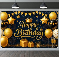 Birthday Decoration Banner 71×43 Inch Black and Gold Happy Birthday Backdrop …