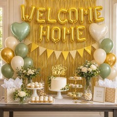 Sage Green & Gold Welcome Home Decorations, Balloon Banner, Heart Foil Balloons,