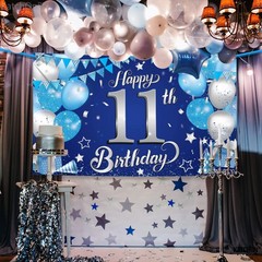 Blue and Silver 11th Happy Birthday Banner – Large, 72×44 Inch | 11th Birthday B