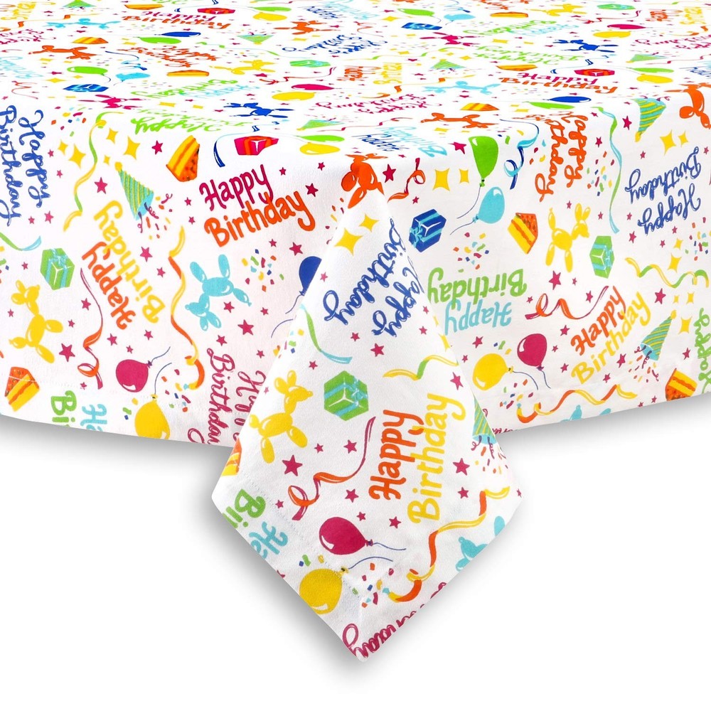 Happy Birthday Balloon Dogs Cotton Fabric Tablecloth, 60 x 120 Rectangular