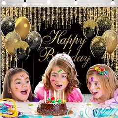 Black & Gold Birthday Backdrop 10x8ft – Glitter Sequin Banner for Party Decor, P