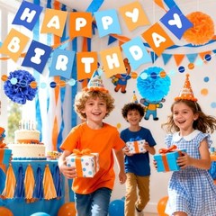 Orange Blue Birthday Decorations Set for Boys Men Women, Happy Birthday Banner