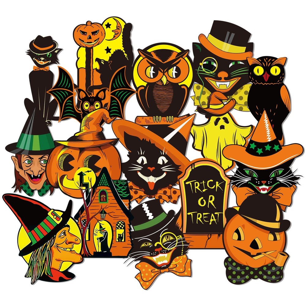 JarThenaAMCS 48 Pcs Vintage Halloween Cutouts Retro Pumpkin Witch Cat Cut-Out…