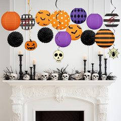 16Pcs Halloween Decorations Paper Lanterns Set | Pom Poms and Hanging Swirls for