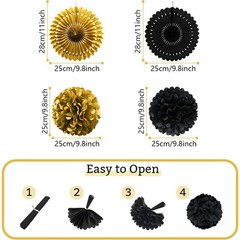 Black and Gold Decorations, Paper Pompoms Fan for Graduation Birthday Wedding