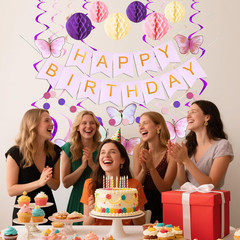Happy Birthday Banner with Honeycomb Balls, Butterfly Hanging Swirl Streamers, C