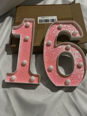 LED Marquee Light Up Number 16 Pink Glitter Birthday Decor Battery