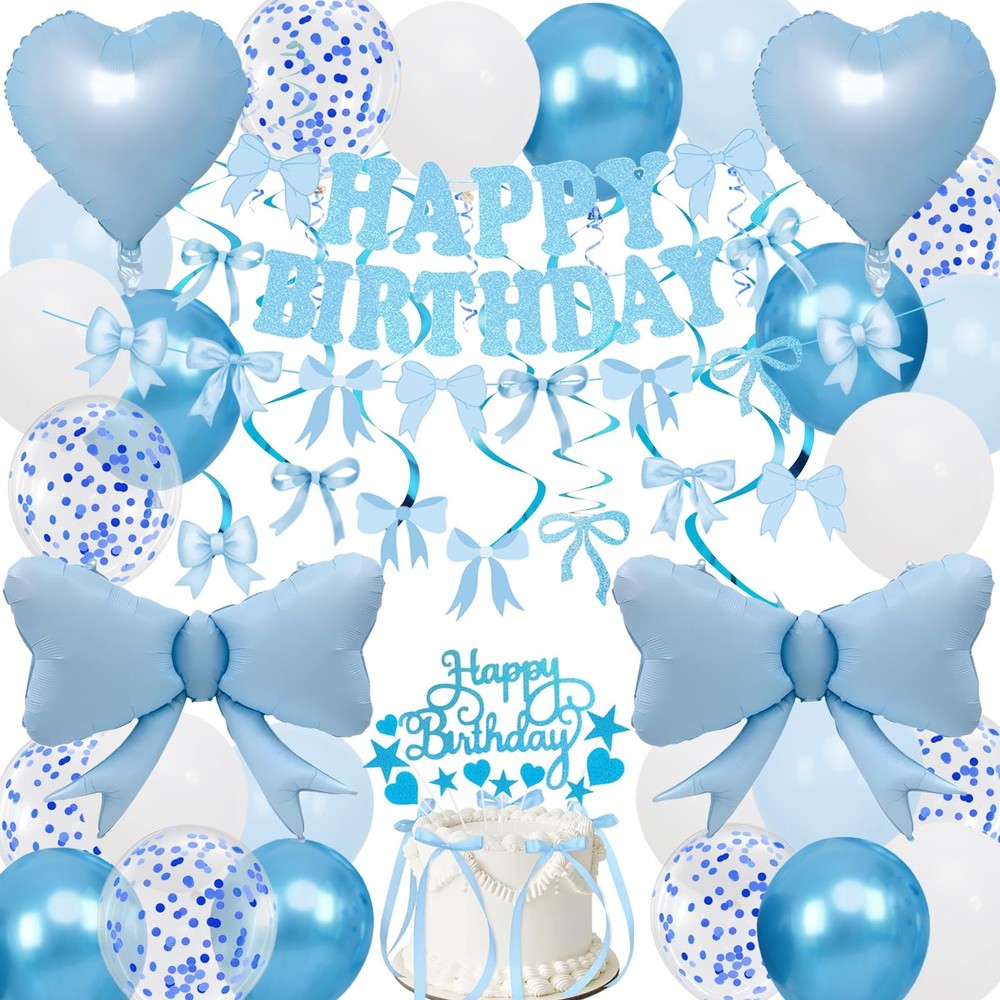 Blue Bow Birthday Decorations, Happy Birthday Banner Garland and Hanging Swir…