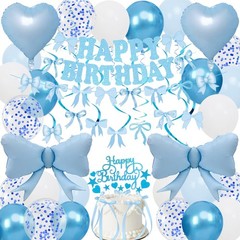 Blue Bow Birthday Decorations, Happy Birthday Banner Garland and Hanging Swir…