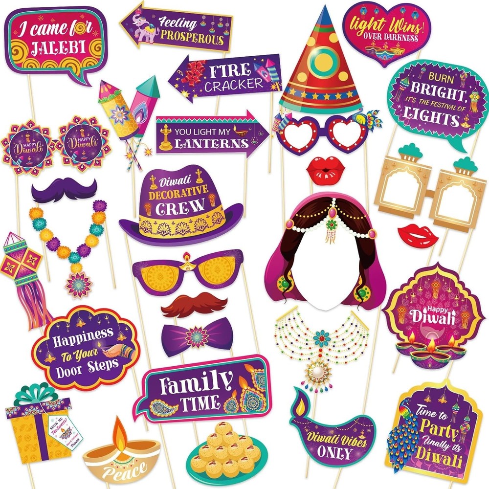 DPKOW 30pcs Funny Diwali Photo Booth Props, Deepavali Photo Props for Festival o