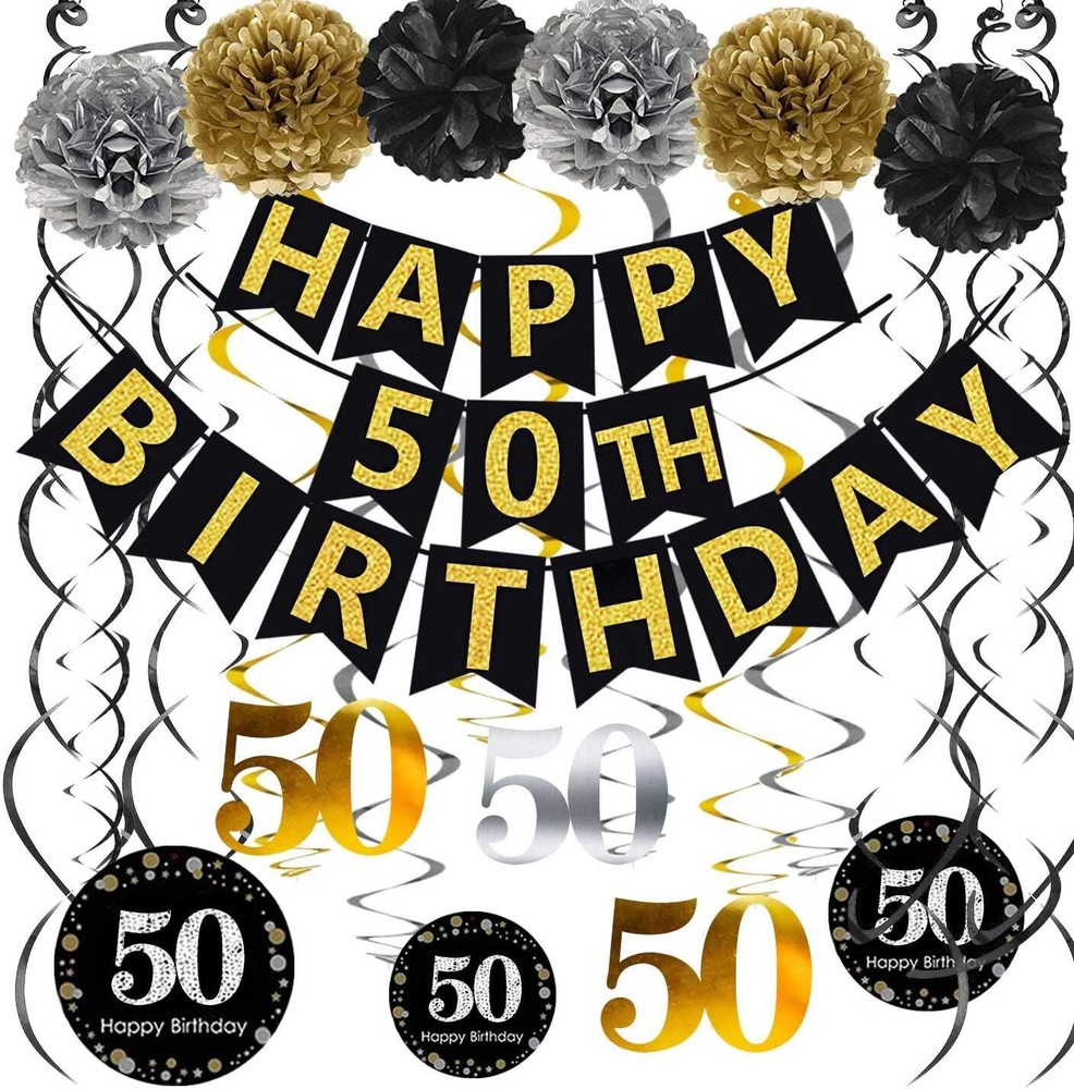 Black & Gold Glittery Happy 50th Birthday Banner,Poms,Sparkling 50 Hanging Sw…