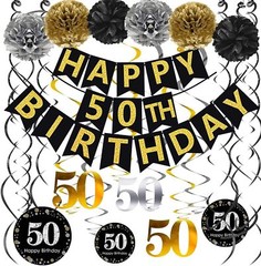 Black & Gold Glittery Happy 50th Birthday Banner,Poms,Sparkling 50 Hanging Sw…