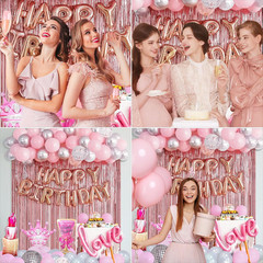 Pink Birthday Decorations for Women, Happy Birthday Banner, Rose Gold Fringe Cur