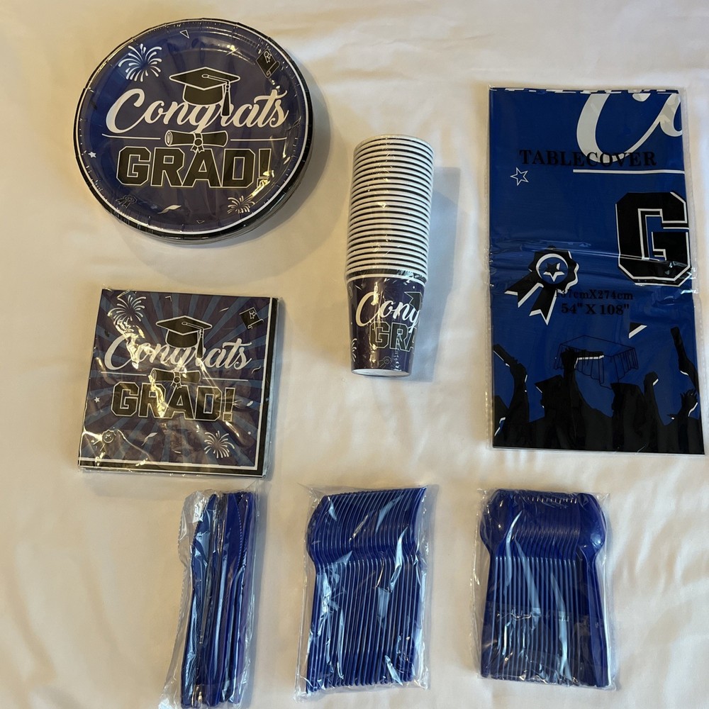 Blue & Black Graduation Decorations, Congrats Grad! Party Supplies for 24 Guests