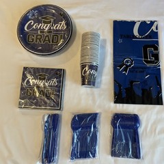 Blue & Black Graduation Decorations, Congrats Grad! Party Supplies for 24 Guests