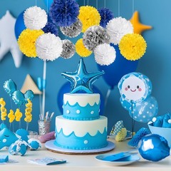 20 PCS Tissue Paper Pom Poms Flowers Yellow White Silver Blue Mixed Sizes Kit