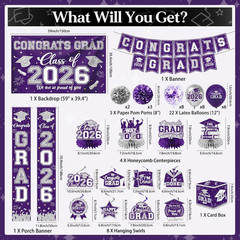 Purple and Silver Graduation Decorations 2026 Set, All-In-1 Kit with Congrats Gr