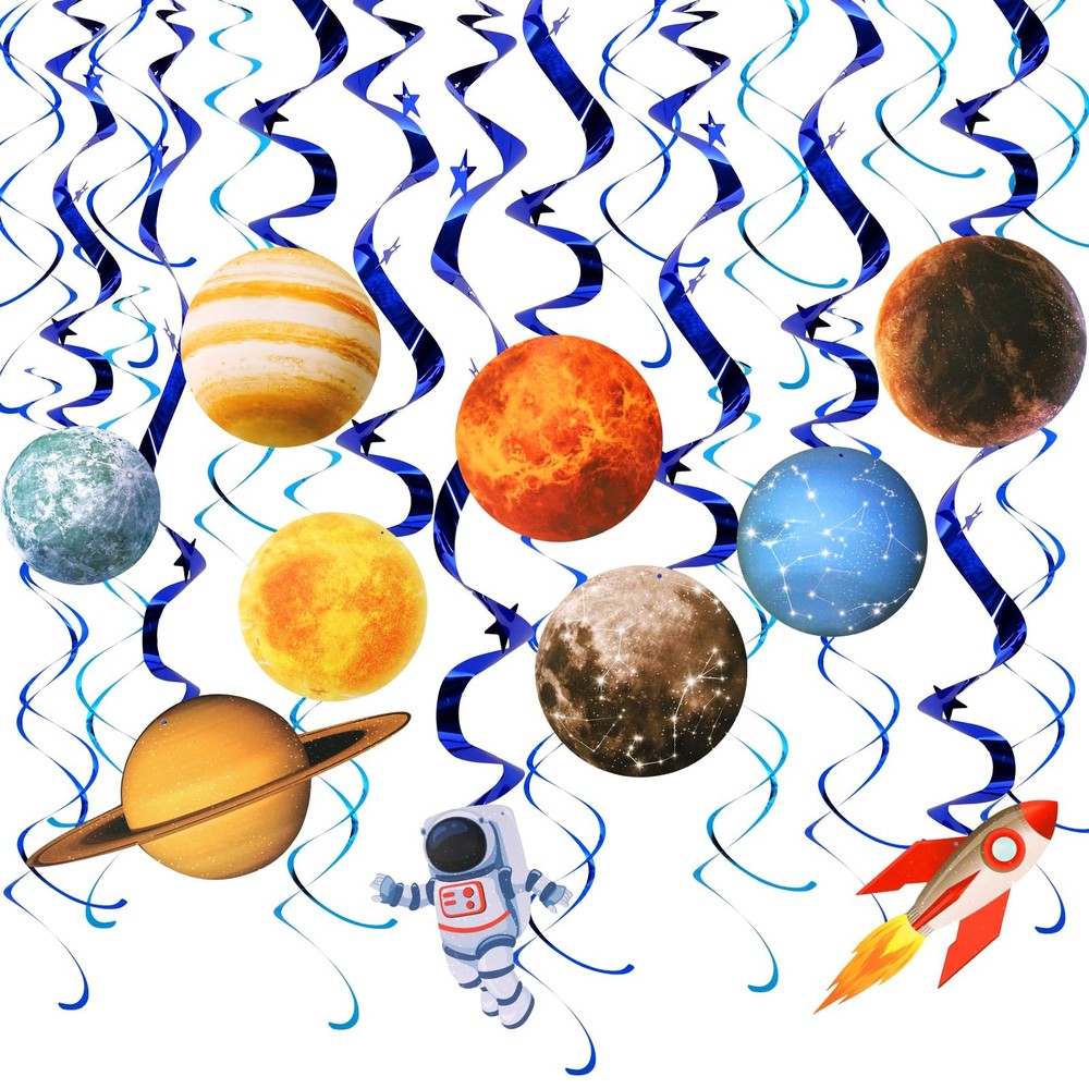 Decoraciones para fiestas espaciales con espirales de planetas colgantes