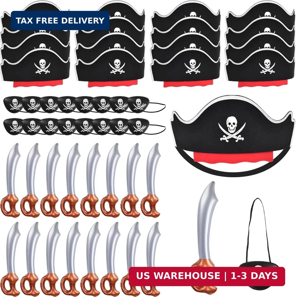 ZeeDix 48 Pcs Pirate Accessories for Kids, Include 16 Pirates Hats, 16 Eye Patch