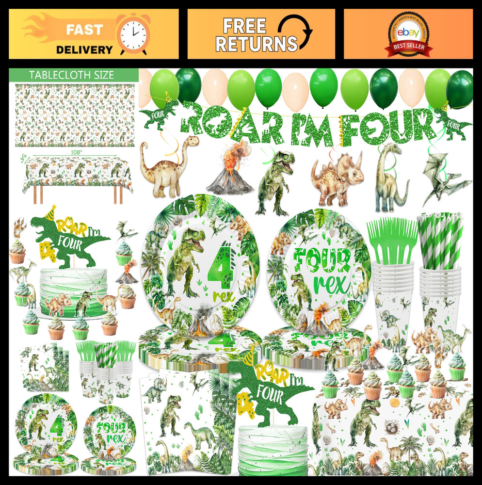 208 Pcs Dinosaur Birthday Party Supplies – Green Dino Decorations, 20 Servings,