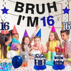 11Pcs 16th Birthday Decorations for Boys Men, Blue Sliver Happy 16th Birthday…