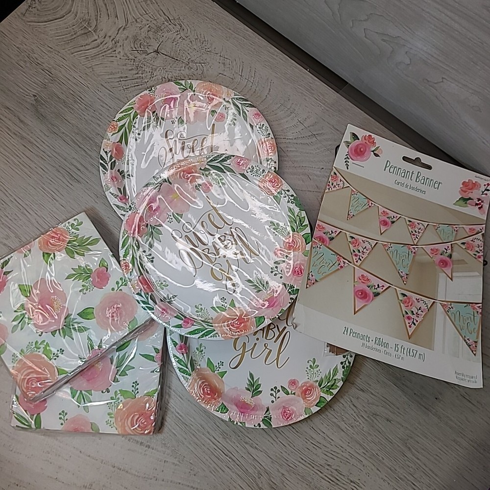 Baby Shower Decorations NEW SEALED Sweet Baby Girl Plates Napkins Banner