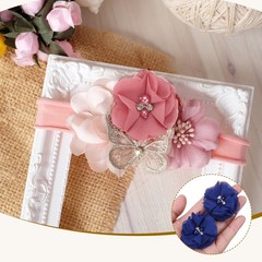 30Pcs 2″ Chiffon Flower with Rhinestone Pearl Sewing Fabric Flower,Sapphire Blue