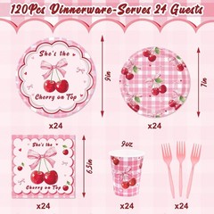 REDWORD Cherry Birthday Decorations, 120Pcs She’s The Cherry On Top Party Pla