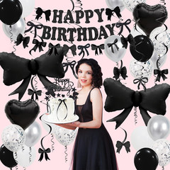 Black Bow Birthday Decorations, Happy Birthday Banner Garland and Hanging Swirls