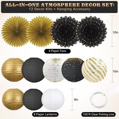 Black and Gold Party Decorations Set with Hanging Paper Lanterns Fans for Gra…