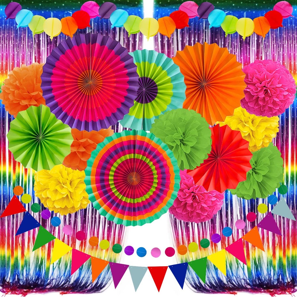 Fiesta Paper Fan Party Decorations Set, Multicolor Cinco De Mayo Pom Poms Pen…