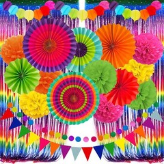 Fiesta Paper Fan Party Decorations Set, Multicolor Cinco De Mayo Pom Poms Pen…