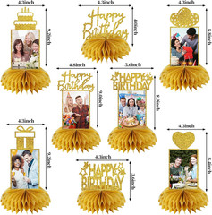 8Pcs Honeycomb Birthday Decorations – Gold Glitter Centerpieces for Women & Men,