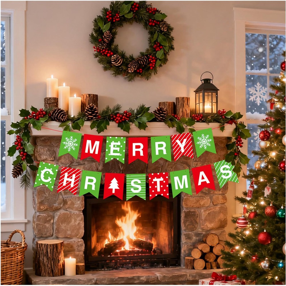 Merry Christmas Banner Red Green 5.1 inches x 7 inches,