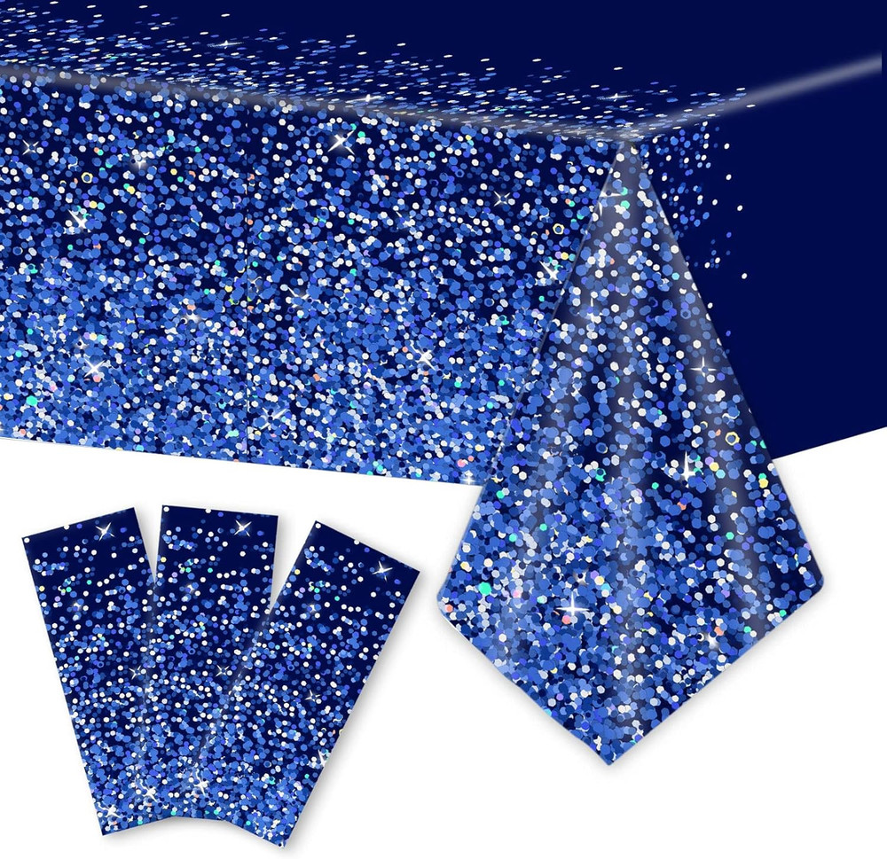 3Pcs Blue Silver Tablecloths Denim and Diamonds Party Decorations Navy Blue a…