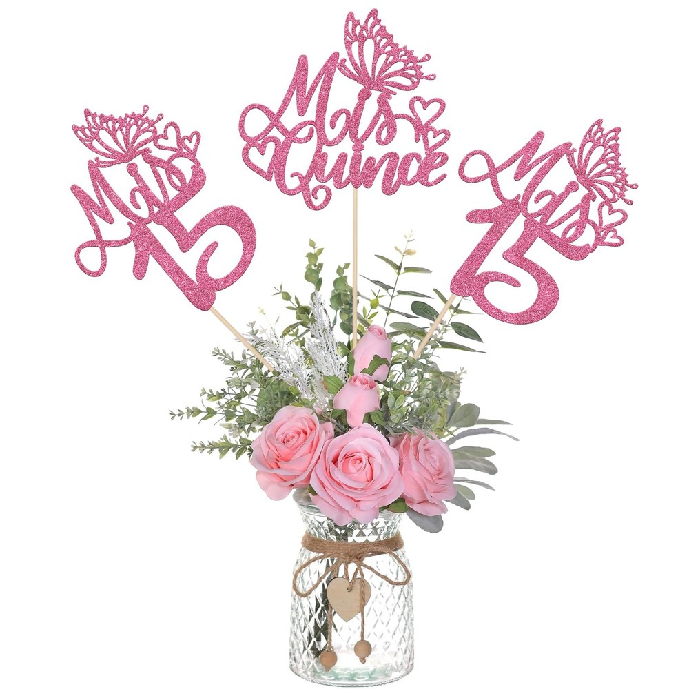 12 PCS Mis 15 Centerpiece Sticks Glitter Happy 15th Birthday Centerpieces Mis…