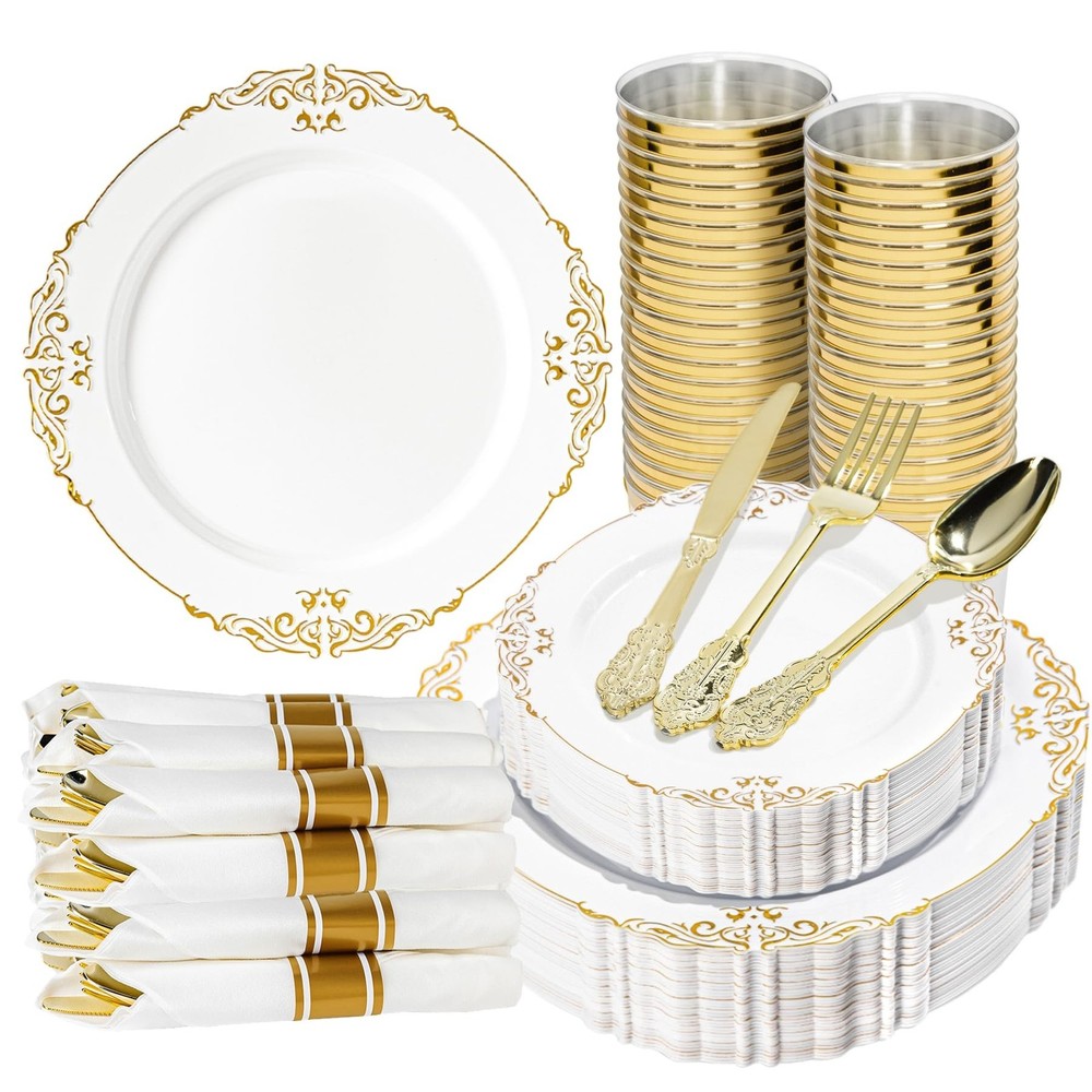 350PCS Gold and White Plastic Plates, Gold Plastic Dinnerware Sets for 50 Gue…