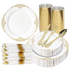 350PCS Gold and White Plastic Plates, Gold Plastic Dinnerware Sets for 50 Gue…