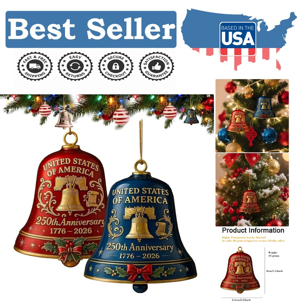 Celebrate 250th Anniversary with 2 Pack of Patriotic Acrylic Bell Ornaments