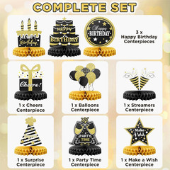 Happy Birthday Table Decoration Centerpieces – 9 Pieces, Black & Gold – Double-S