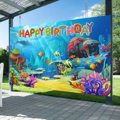 8X6FT under the Sea Happy Birthday Banner Backdrop Decoration Cartoon Ocean Phot